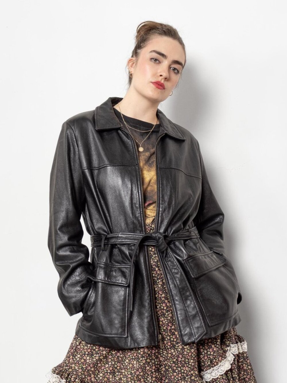 BLACK LEATHER BLAZER Vintage Coat Jacket Trench Belted Woman 90's Large